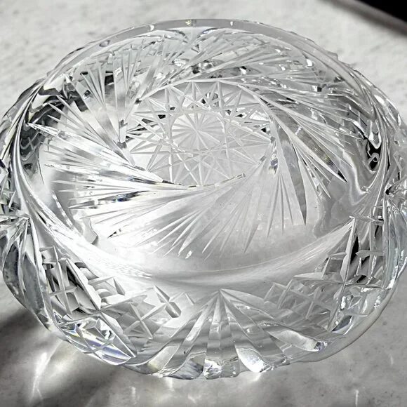 Bohemian Cut Crystal Heavy Ashtray-Exquisite Czech Pinwheel Swirl & Star Design - Picture 3 of 7